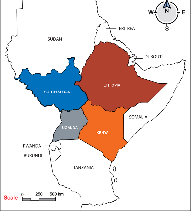 Map of Eastern Africa with South Sudan in blue, Kenya in orange, Uganda in gray and Ethiopia in brick red